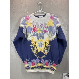 JENNIFER READ Blue Periwinkle Floral Easter‎ Spring Hand Knitted Sweater Medium